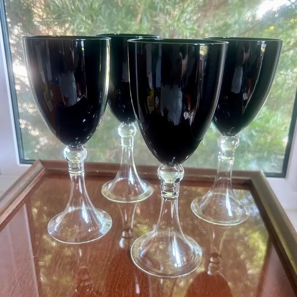 Set of 4 Pier 1 Imports Vintage Dante Black Wine Glasses Water Goblets